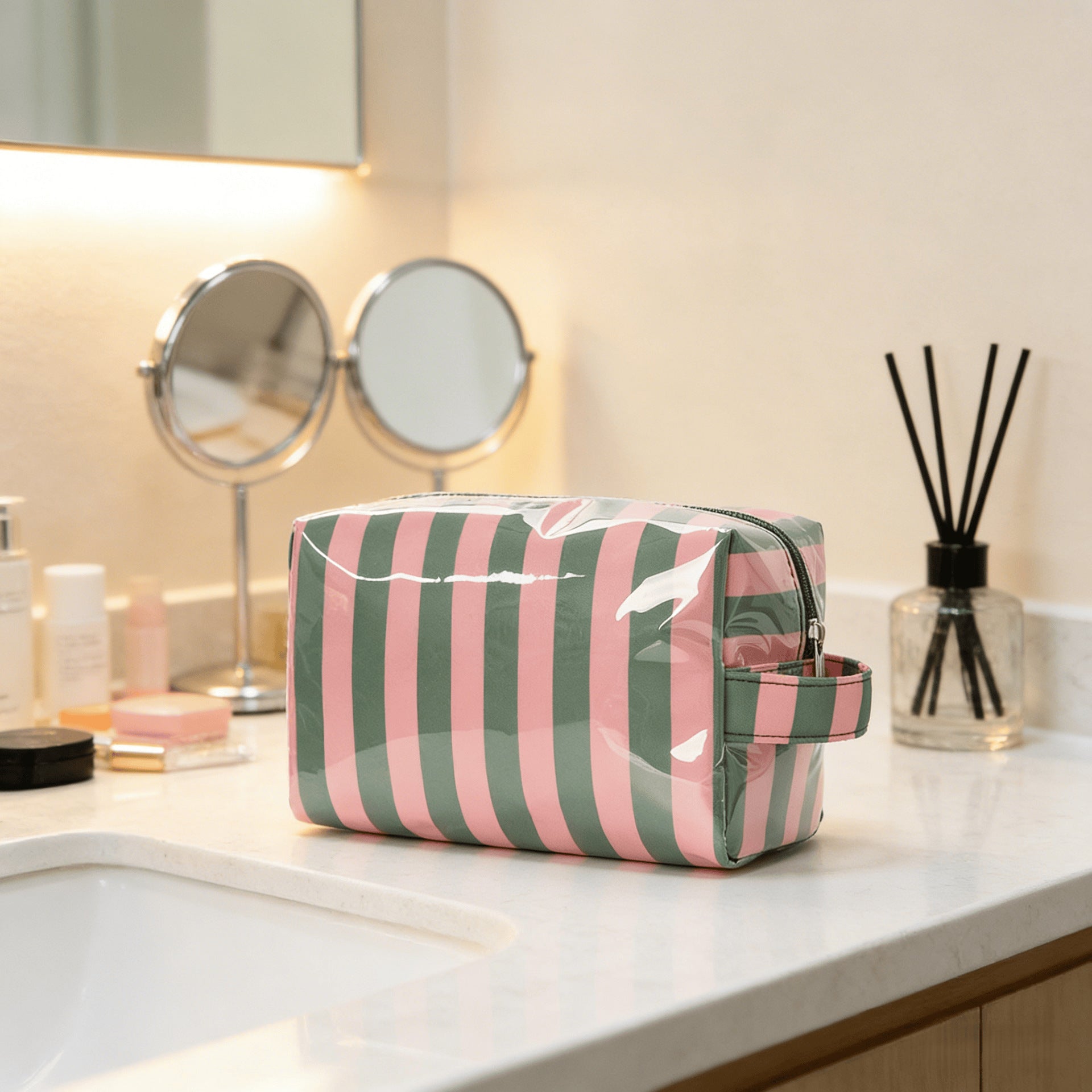 Large-Capacity Striped Travel Cosmetic Bag