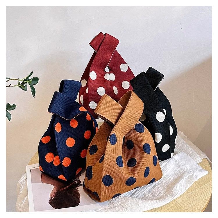Polka Dot Knit Tote Bag with Wide Handles