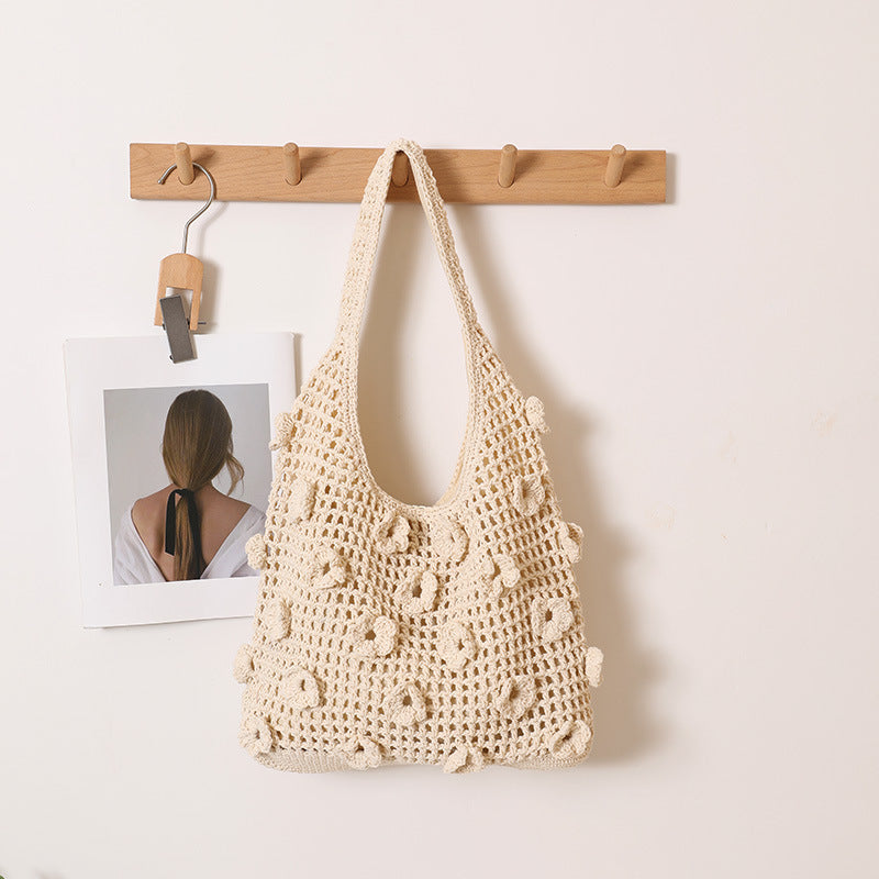 Large Capacity Flower Cotton Woven Straw Beach Bag