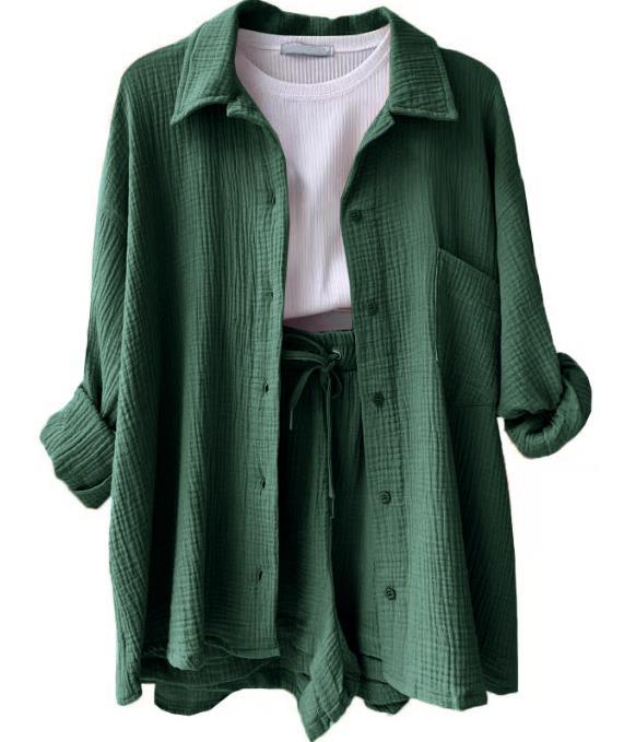 European And American Clothing Two-Piece Set Wrinkled Lapel Long-Sleeved Shirt High-Waisted Drawstring Shorts Large Size Fashion Casual Suit