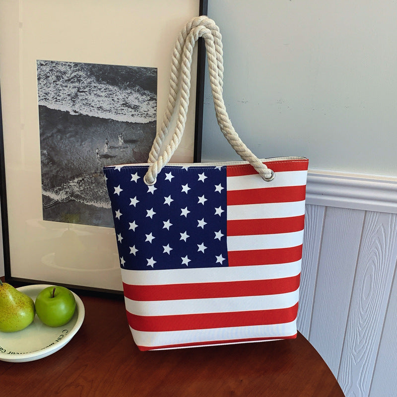 Canvas Striped American Flag Print Casual Fashion Shoulder Tote Bag
