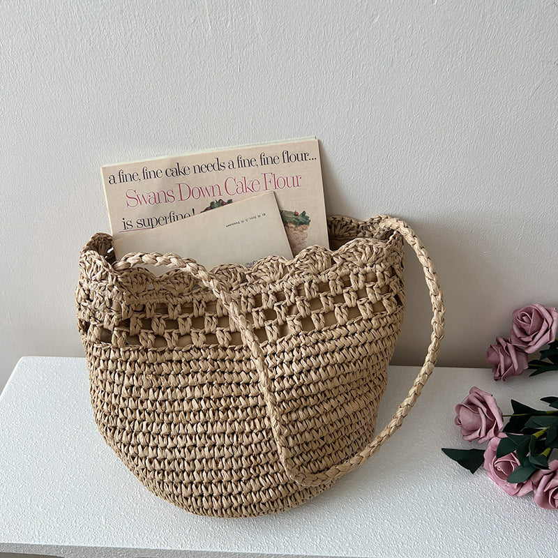 French Raffia One-Shoulder Hollow Lace Woven Beach Bag