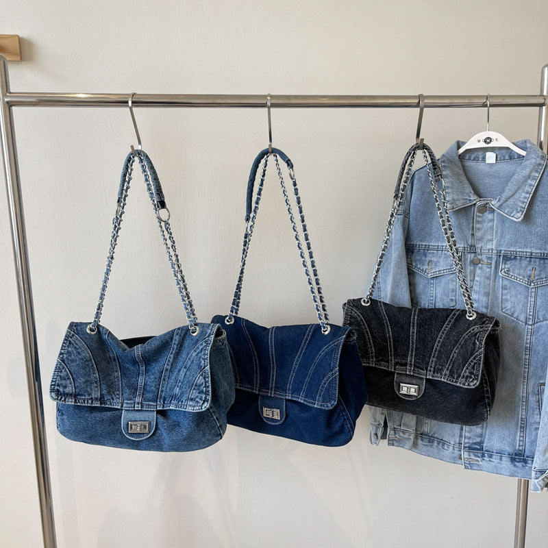 2026 Women Large Denim Chain Crossbody Tote Bag