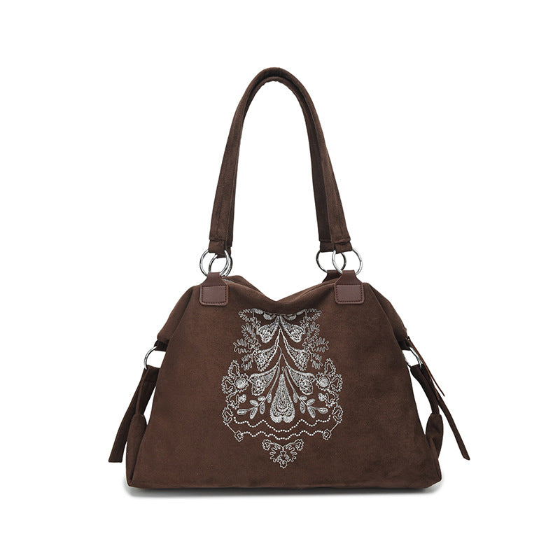 Vintage Embroidered Suede Shoulder Tote Bag