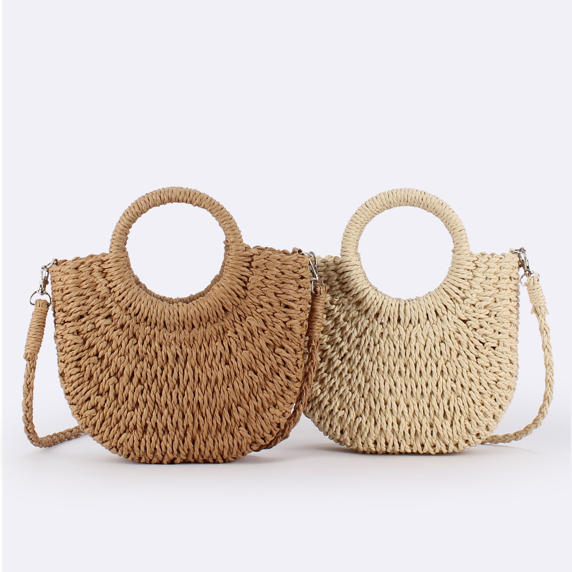 Simple Ins Popular Semi-Circle Straw Bag Beach Handwoven Bag Vacation Travel Hand-Carry Cross-Body Dual-Use Bag