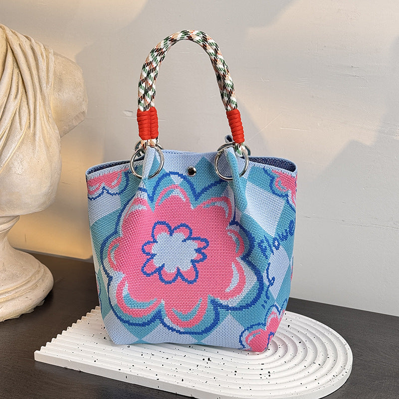 Floral Print Braided Handle Knit Bucket Bag