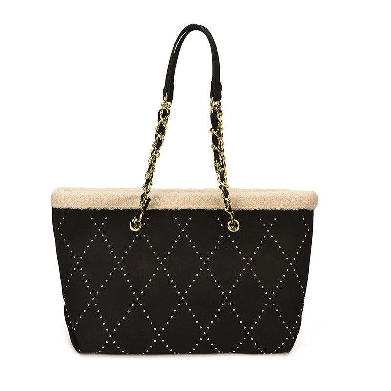 Sherpa Trim Quilted Shoulder Tote Bag
