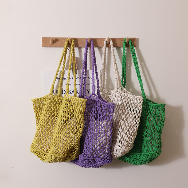 Women Simple Cotton Woven Large Mesh Shoulder Handmade Beach Bag