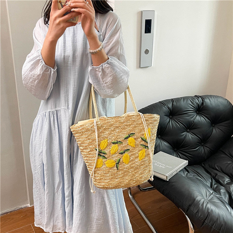 Lazy Casual Heavy Embroidery Hand-Woven Straw Shoulder Tote Bag