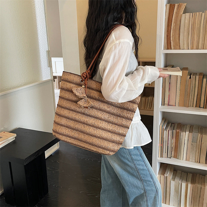 Women 2026 Spring New Casual Large Shoulder Paper Rope Striped Woven Bag