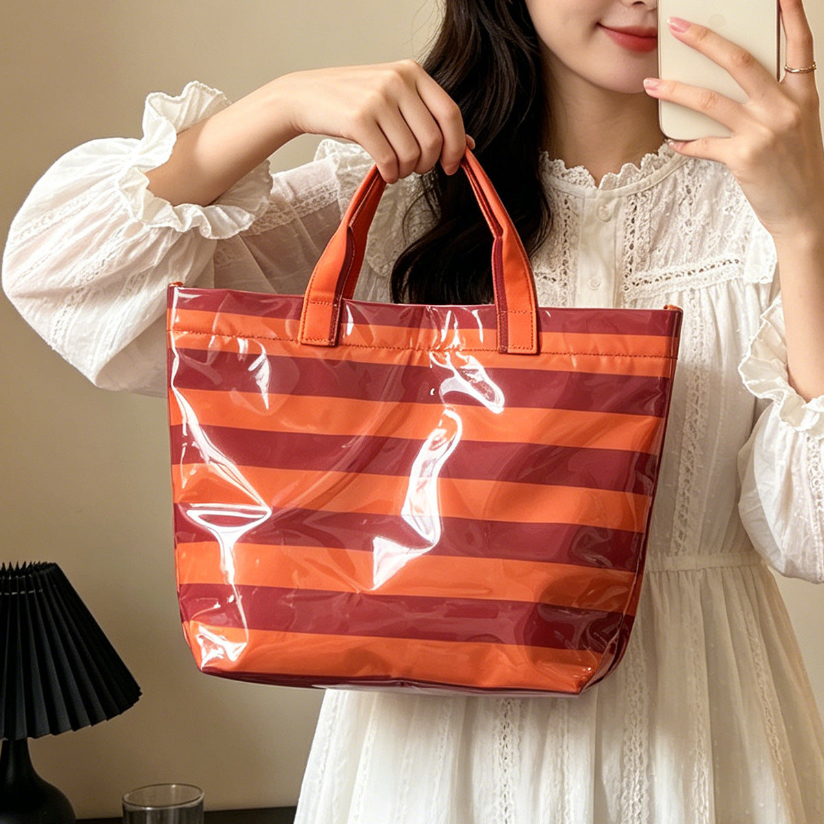 Glossy PVC Striped Waterproof Large Capacity Tote Bag