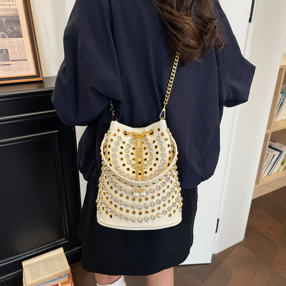 Rhinestone Studded Drawstring Bucket Shoulder Bag