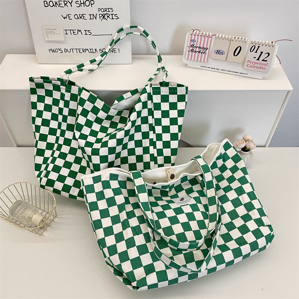 Retro Green Plaid Canvas Commuter Tote