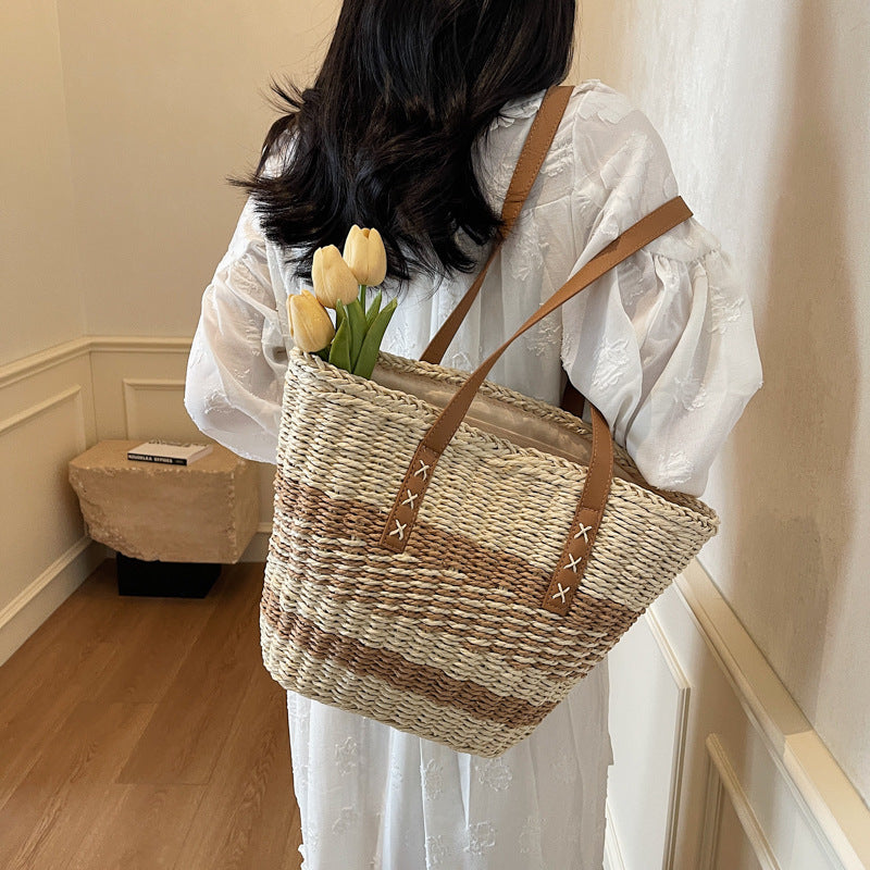 Casual Simple Striped Large Capacity Straw Woven Beach Shoulder Bag