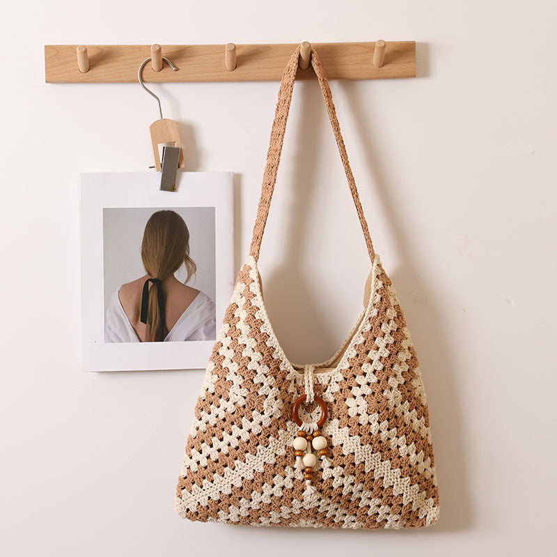 Ethnic One-Shoulder Cotton Woven Plaid Straw Beach Bag
