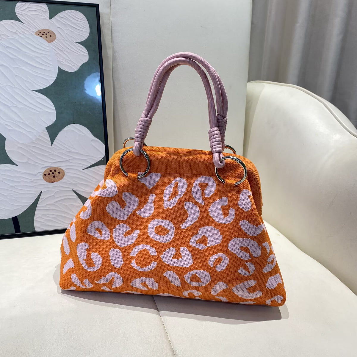 Floral Woven Rope Handle Dumpling Top Handle Bag