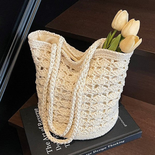 Women Fashion Hollow Woven 2026 New Lazy Shoulder Bucket Beach Bag
