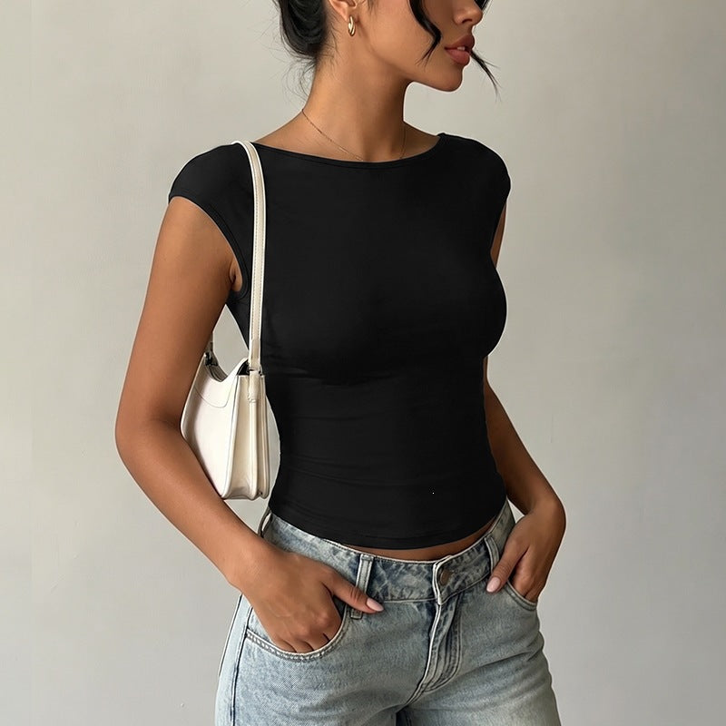 Women 2026 Summer New Short Sleeve Backless Patchwork Lace Knit Top