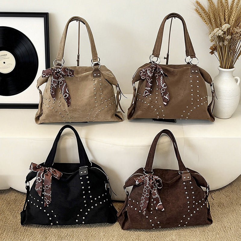 Vintage Faux Suede Studded Shoulder Tote Bag with Patterned Scarf Accent