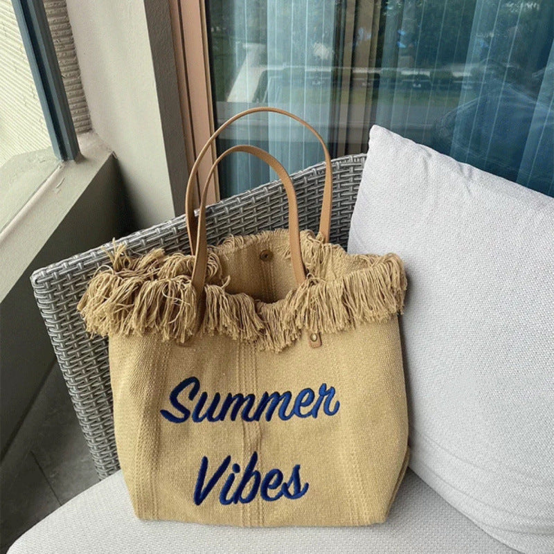 Women Large Canvas Embroidered Letter Tote Handheld Woven Beach Bag