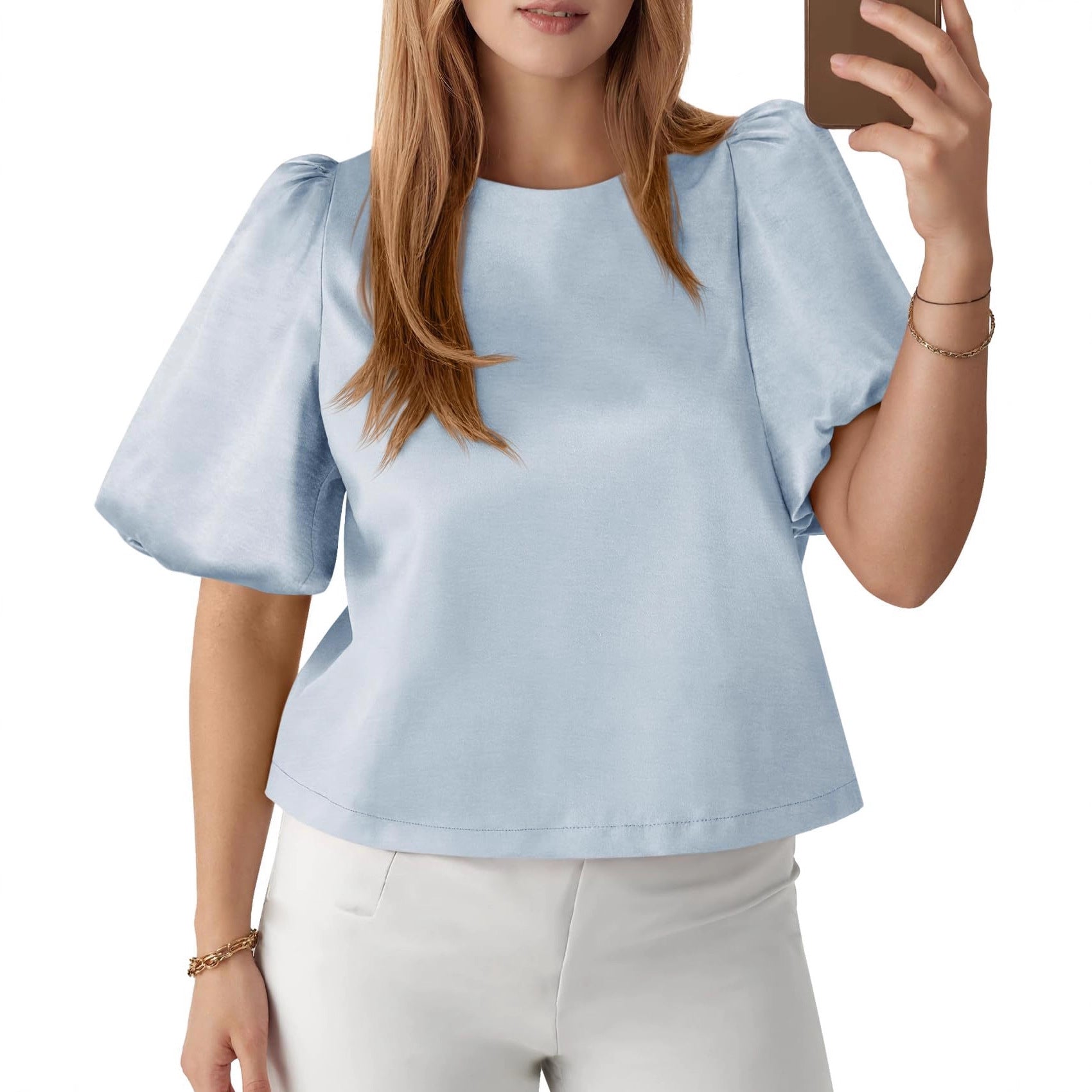 Elegant Women's Round Neck Satin Puff Sleeve Baby Doll Top