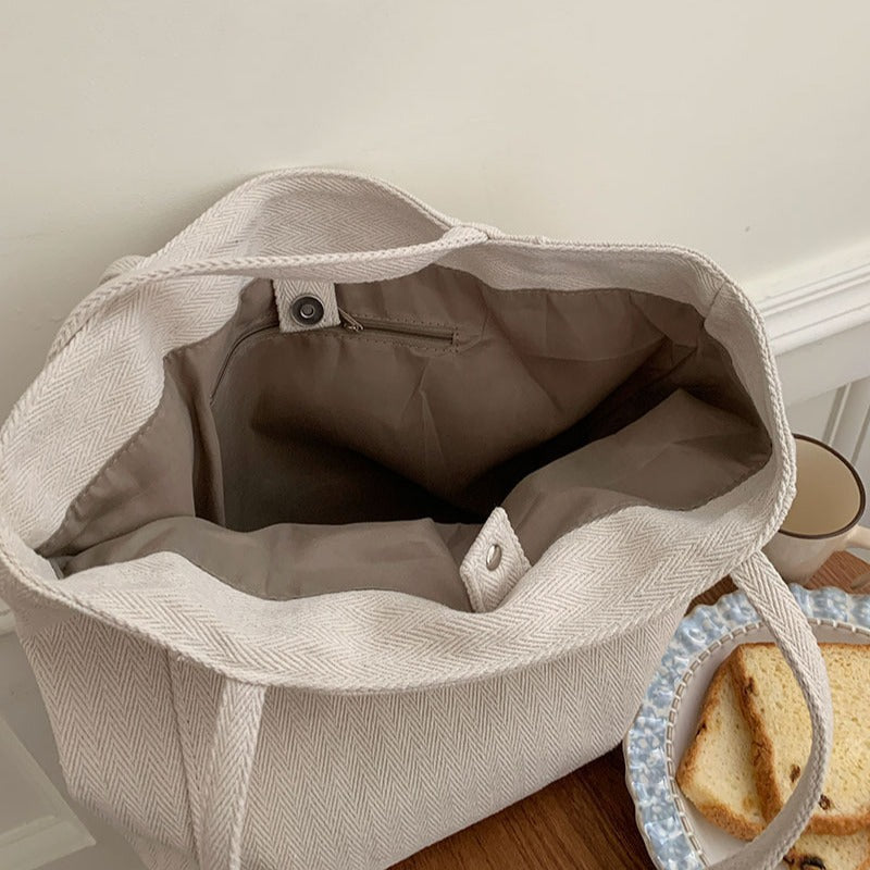Large Canvas Herringbone Shoulder Tote Bag