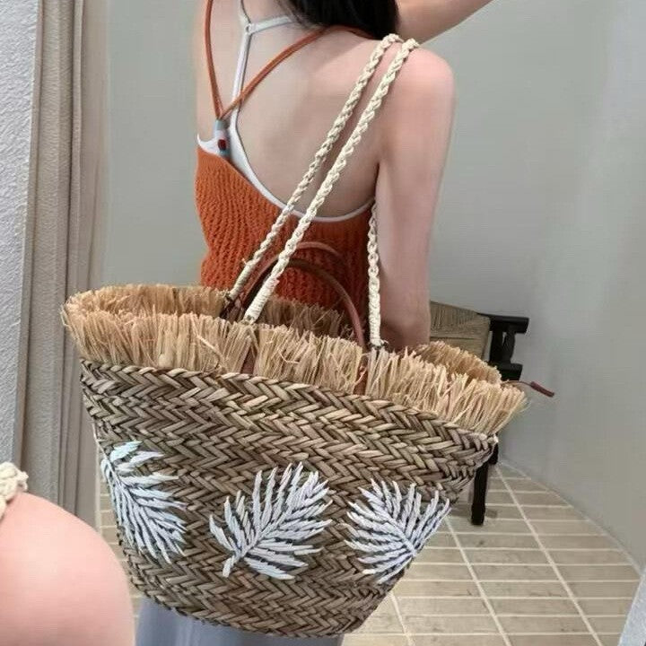 Large Capacity Woven Vegetable Basket One-Shoulder Bag