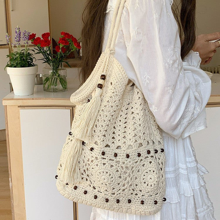 Wooden Beads Tassel Cotton Woven Hollow Straw Beach Bag