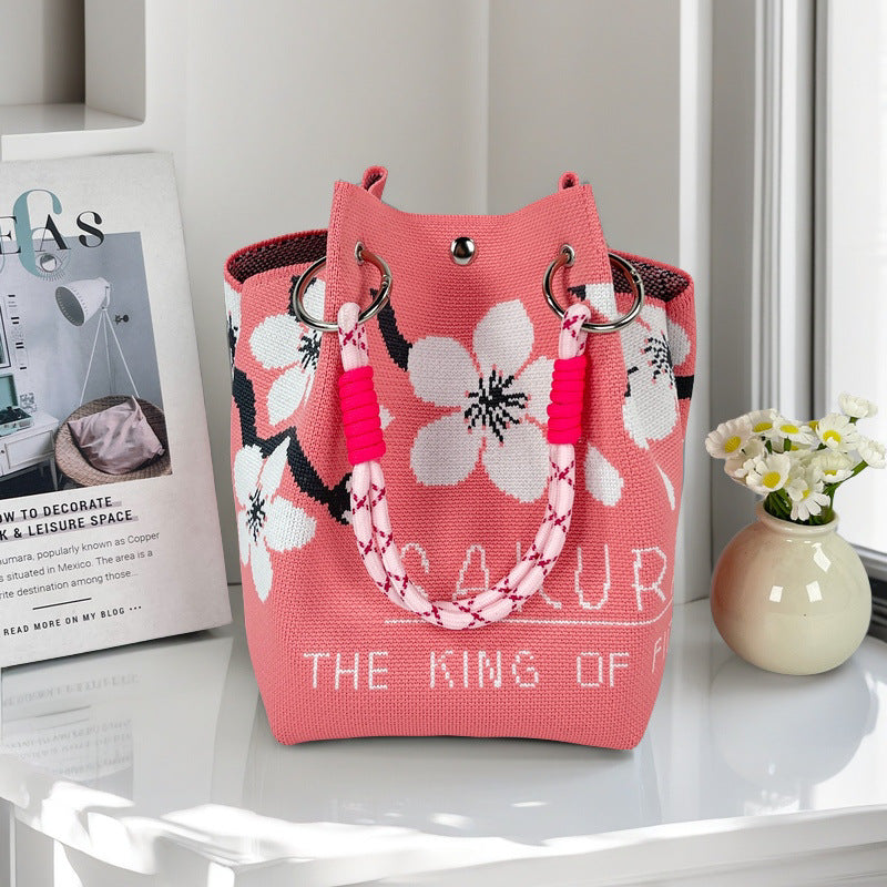 Graphic Jacquard Ring Handle Bucket Tote Bag