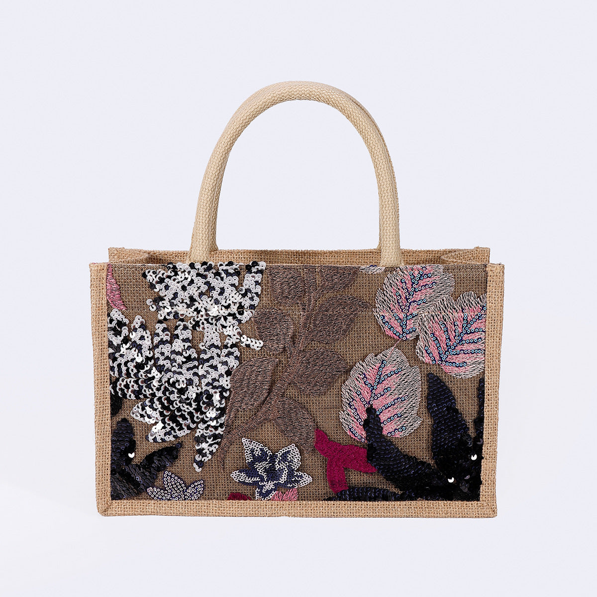Women Sequin Embroidered Woven Tote Bag, Fashion Large Capacity Handbag