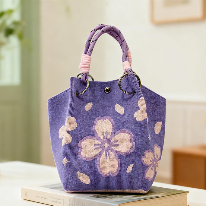 Cute Floral Print Braided Handle Tote Bag