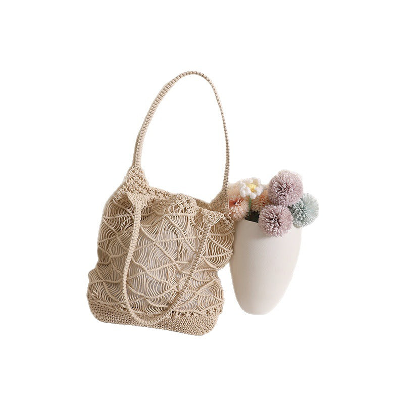 Large Capacity Rhombus Wax Rope Hollow Straw Beach Bag