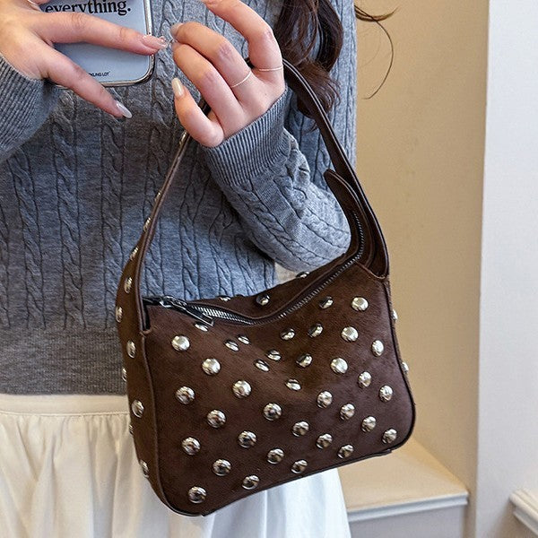 Suede Studded Shoulder Bag with Sleek Zipper Closure