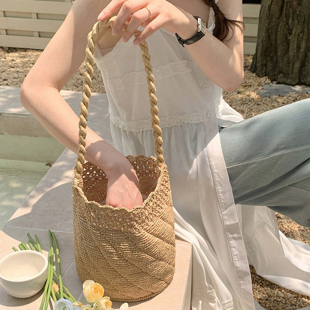 Handwoven Raffia Bucket Natural Straw Shoulder Beach Tote Bag
