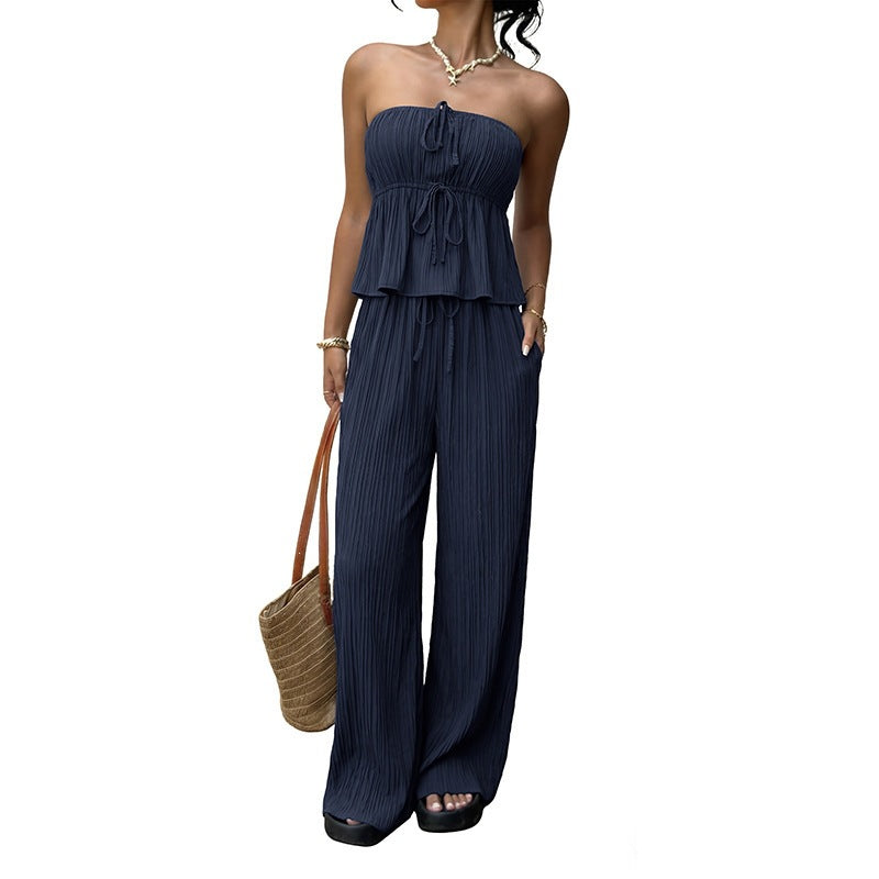 2026 Summer New Casual Solid Strapless Ruffle Tank Top Wide Leg Pants Two Piece Set
