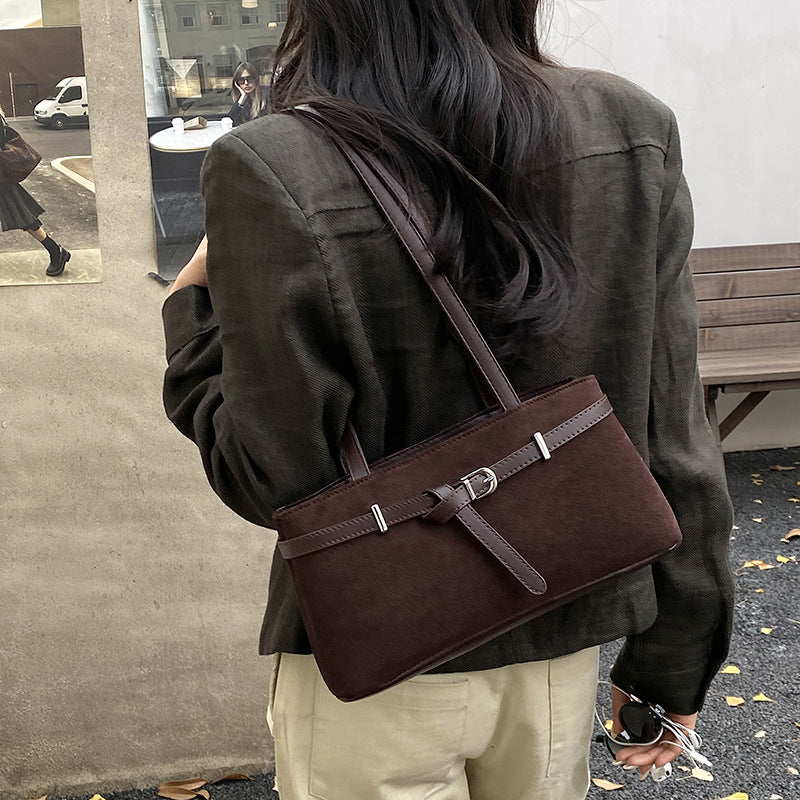 Elegant Suede Shoulder Bag with Buckle Detail