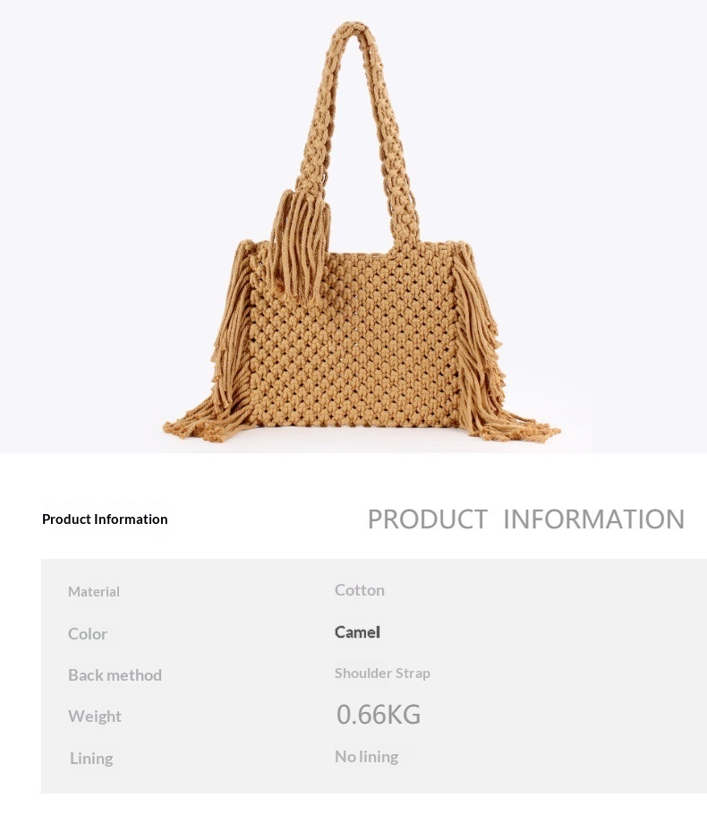 Boho Handwoven Cotton Macramé Tote Bag with Fringe