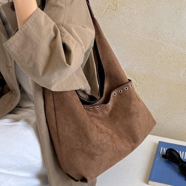 Soft Suede Hobo Bag with Bold Eyelet Accents