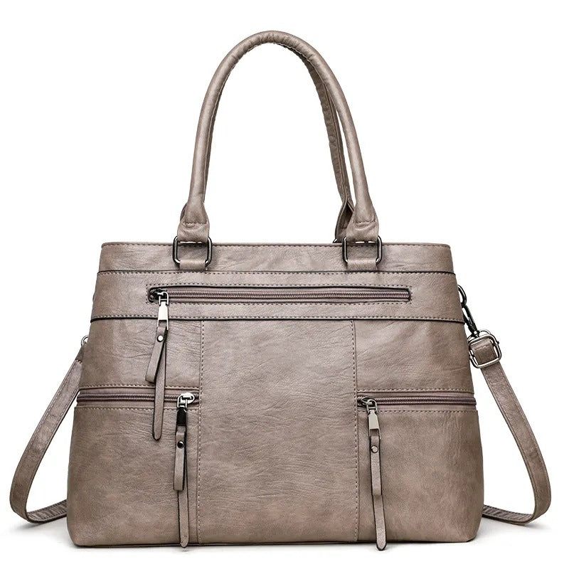 Large Vegan Leather Multi-Pocket Top Handle Satchel Bag