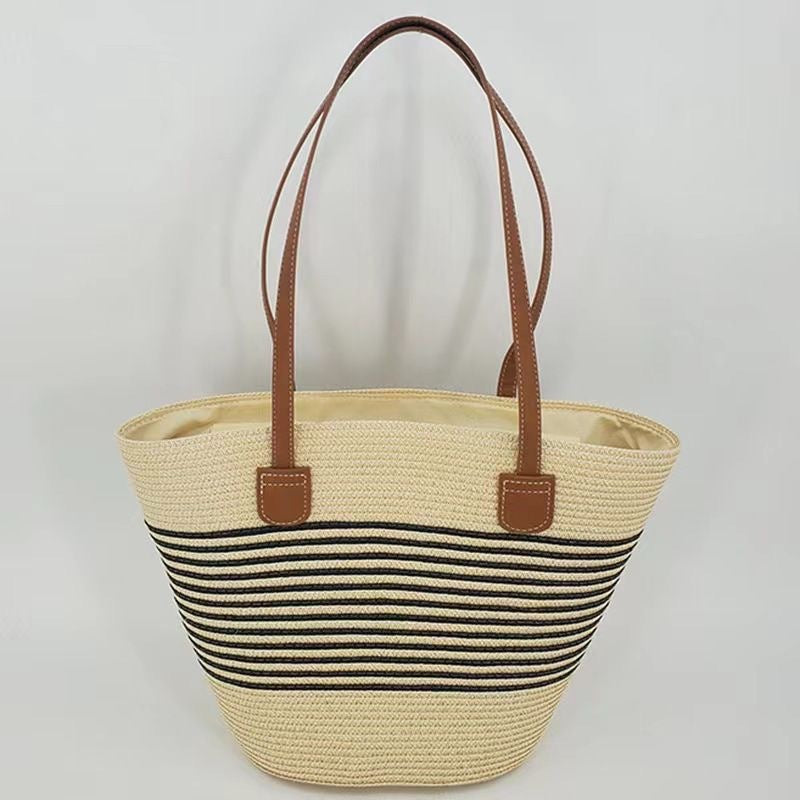Women Straw Beach Black Stripe 2026 New Casual Summer Shoulder Tote Bag
