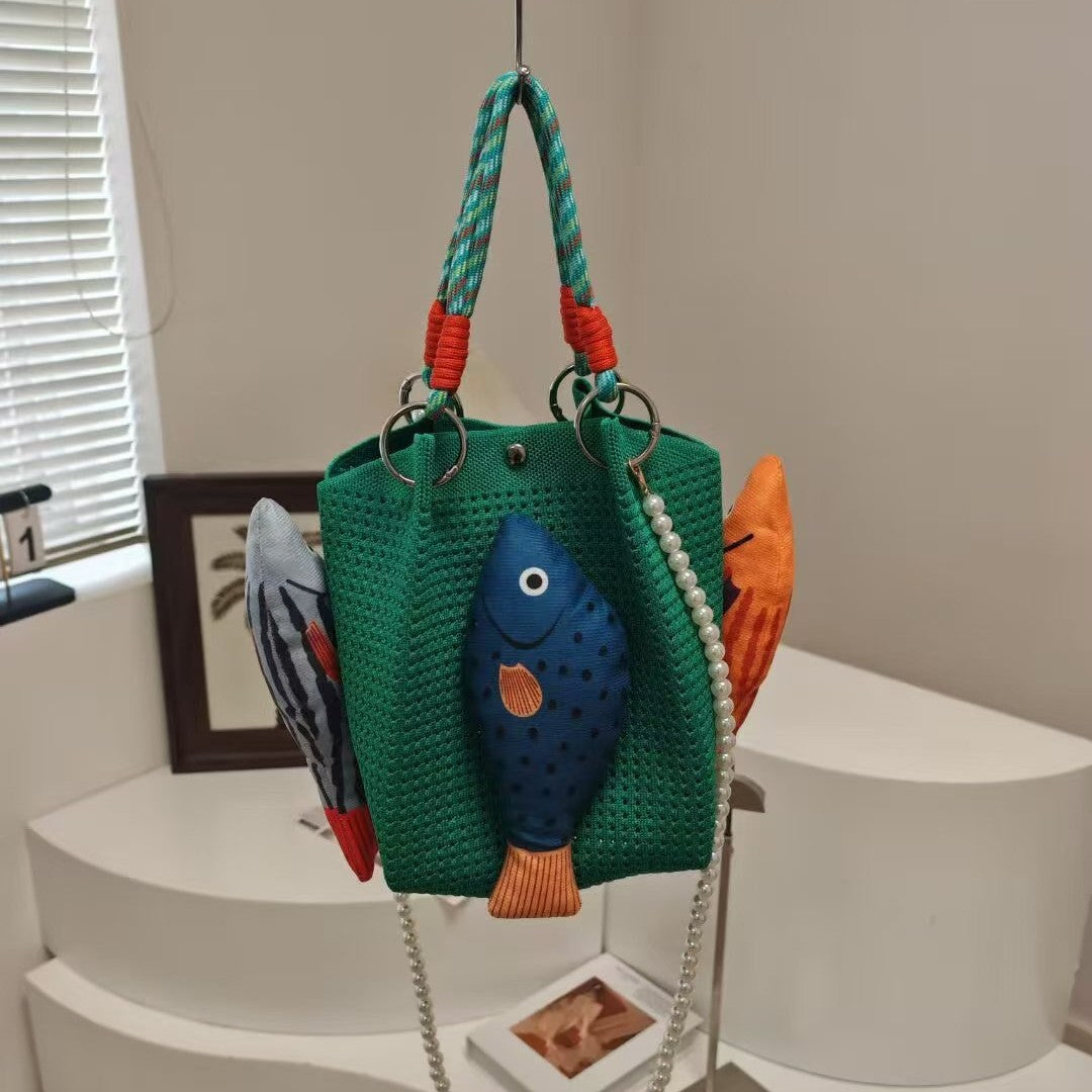 Crochet Fish Applique Pearl Strap Tote Bag
