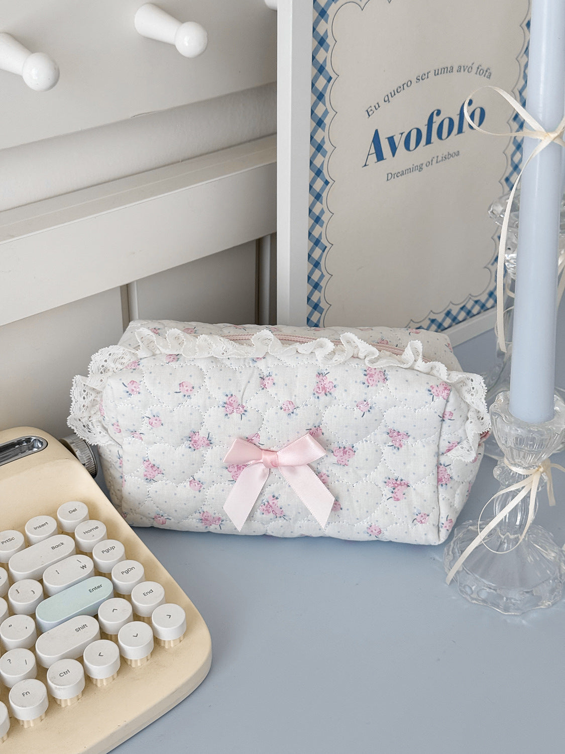 Pink Rose Lace Large Capacity Storage Bag