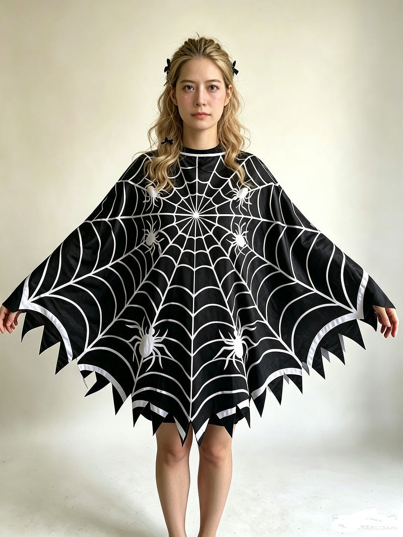 Black Gothic Spiderweb Halloween Poncho Costume