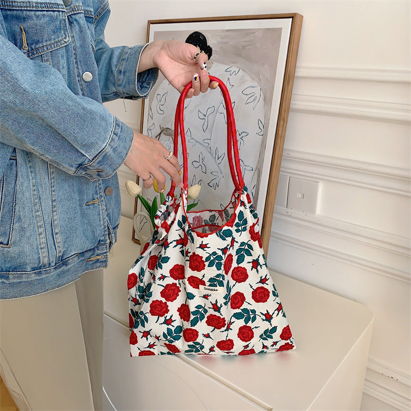 Korean Large Capacity Drawstring Floral Tote Bag