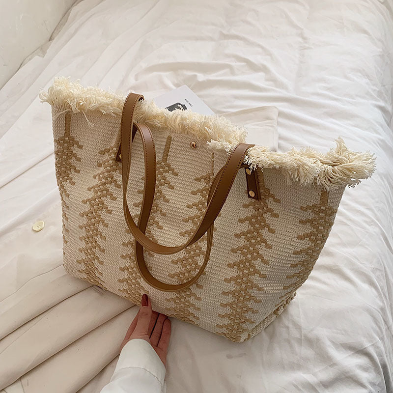 Women Large Canvas Tote 2026 New Tassel Cotton Linen Woven Minimalist Shoulder Bag