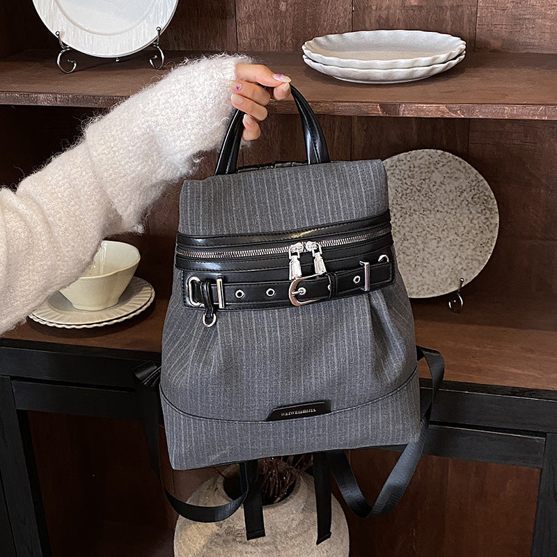 Vintage Pinstripe Backpack with Buckle Detail