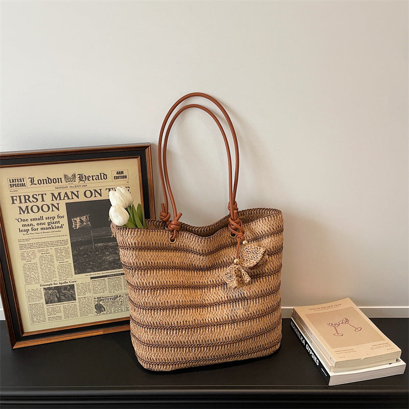 Women 2026 Spring New Casual Large Shoulder Paper Rope Striped Woven Bag