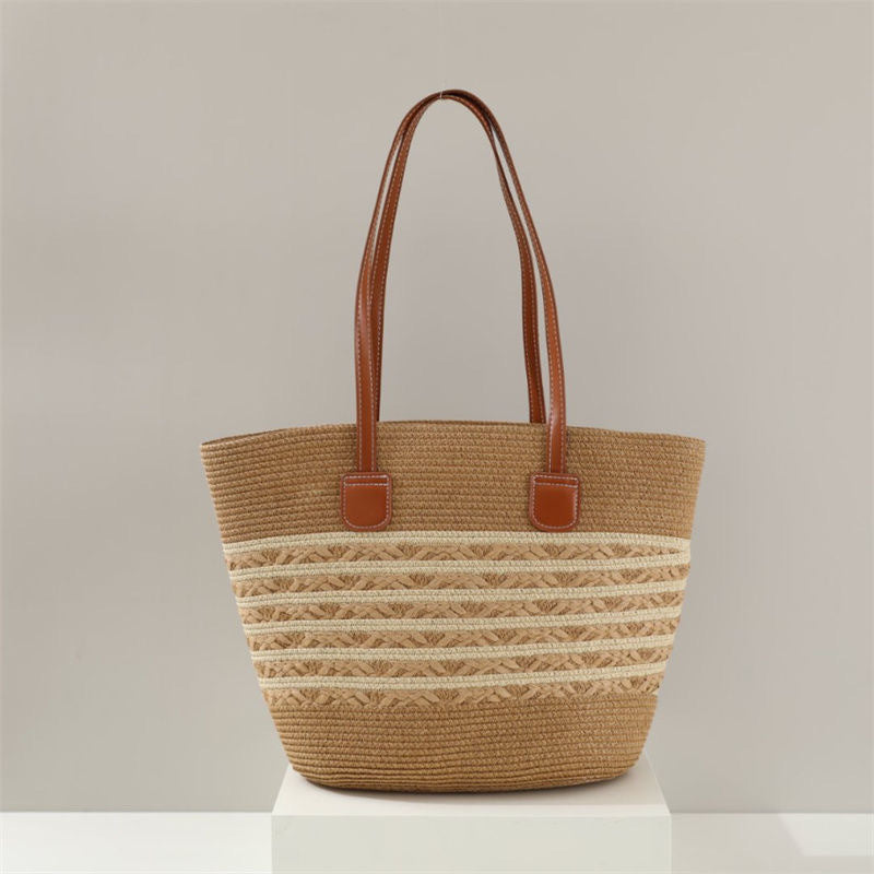 Women Straw Beach Black Stripe 2026 New Casual Summer Shoulder Tote Bag