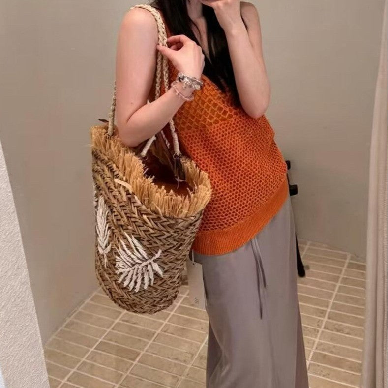 Large Capacity Woven Vegetable Basket One-Shoulder Bag