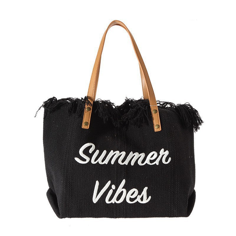 Women Large Canvas Embroidered Letter Tote Handheld Woven Beach Bag